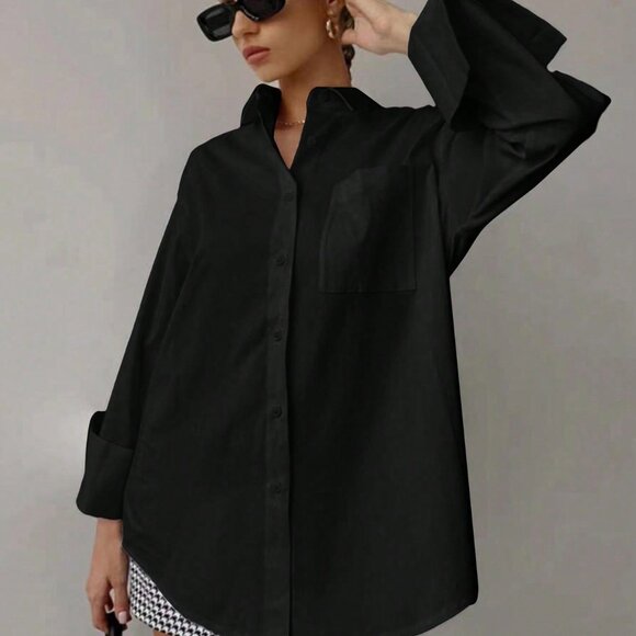 Black Casual Women's Loose Long Sleeved button down shirt - Picture 1 of 4